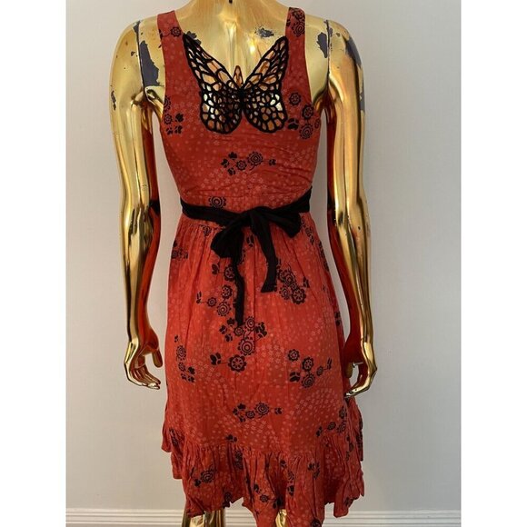 Free People Y2K Vintage Red Dress With Butterfly Detail Floral Print & Black Bel - Picture 2 of 7